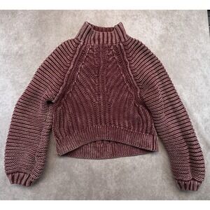 Free People Womens Sweater XS Cotton Mauve Cable Knit Mock Neck Cropped Boho